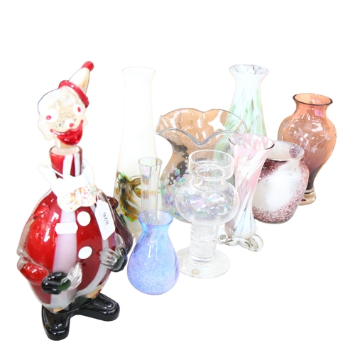 826 - A Murano glass decanter in the form of a clown, Dartington glass vase, a Caithness vase etc (11)