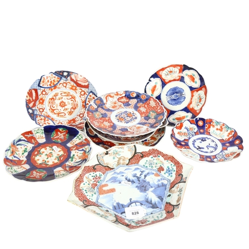 828 - A group of 8 Chinese Imari style plates, and a Chinese fan design dish of lobed form