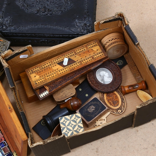 832 - A group of various boxes and desk items, including a letter rack, paint box, 3 cribbage boards, a pa... 