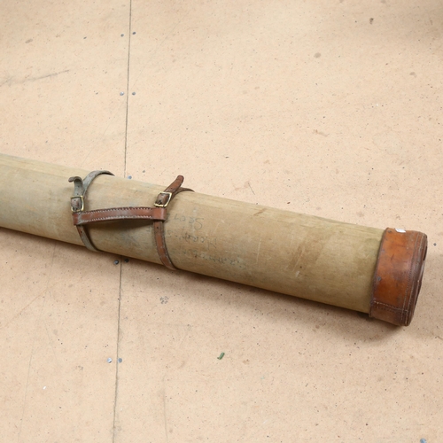 95 - An early 20th century canvas and leather-mounted fishing rod case, H164cm