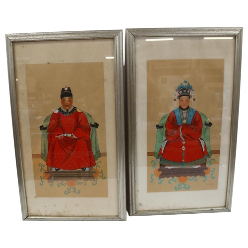 99 - A pair of Chinese watercolours, depicting an Emperor and his Empress, framed, 66cm x 38cm overall