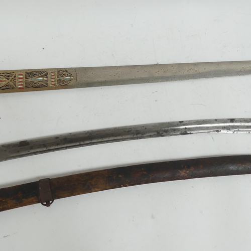 55 - A Persian Shamshair sword, with engraved steel hilt and wooden and steel-bound scabbard, no maker's ... 