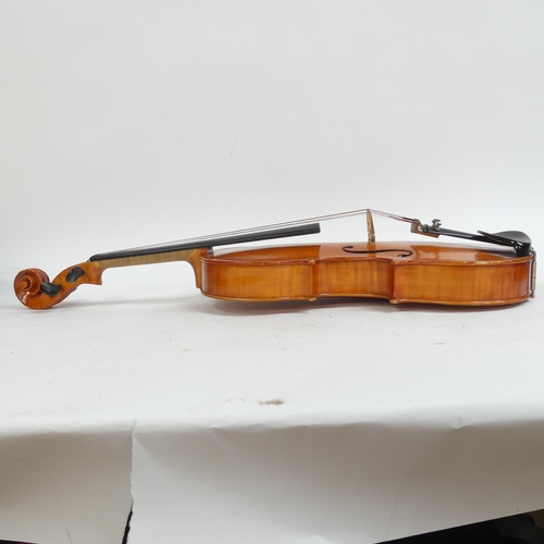 258 - A handmade English viola, no maker's label, in hardshell case with associated bow, viola length 