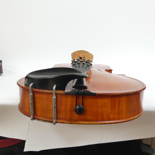 258 - A handmade English viola, no maker's label, in hardshell case with associated bow, viola length 