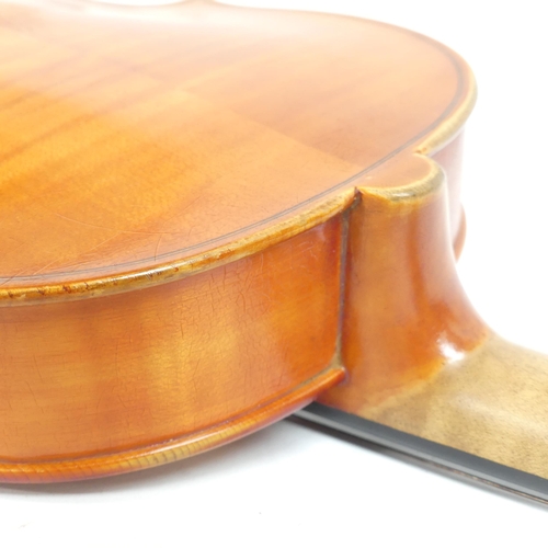 258 - A handmade English viola, no maker's label, in hardshell case with associated bow, viola length 