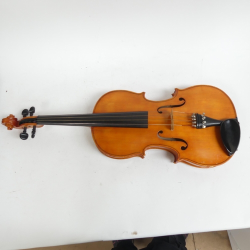 258 - A handmade English viola, no maker's label, in hardshell case with associated bow, viola length 