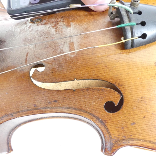 259 - A 19th century violin, with hardshell case and associated bow, violin length 14