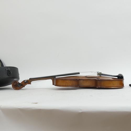 259 - A 19th century violin, with hardshell case and associated bow, violin length 14