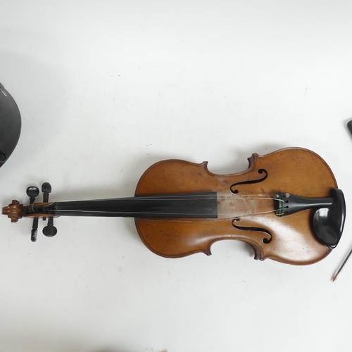 259 - A 19th century violin, with hardshell case and associated bow, violin length 14