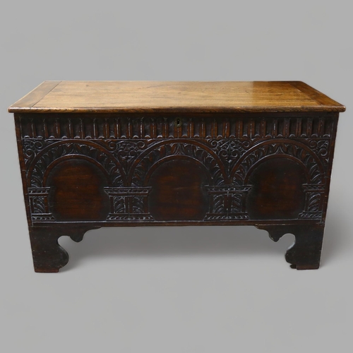 198 - An 18th century carved walnut coffer, width 118cm, depth 52cm, height 68 cm