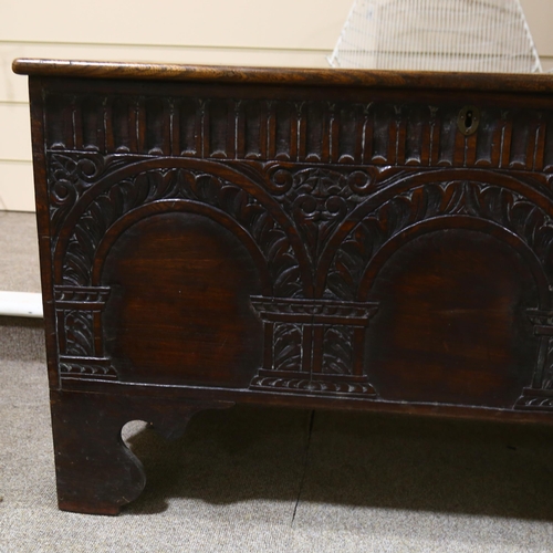 198 - An 18th century carved walnut coffer, width 118cm, depth 52cm, height 68 cm