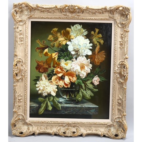 Bennett Oates (1928 - 2009), still life flowers on a marble shelf, oil on board, signed, 60cm x 50cm, framed