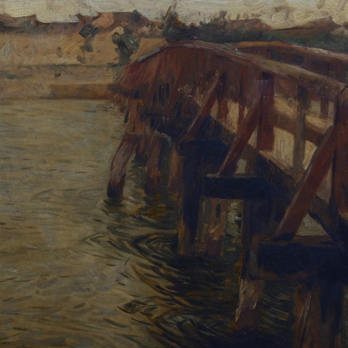 508 - Attributed to Jacob Epstein (1880 - 1959), the wooden bridge, oil on canvas, indistinct inscriptions... 