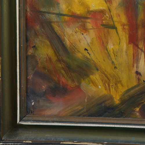 509 - 20th century abstract composition, oil on board, signed with monogram J '69, 54cm x 63cm, framed