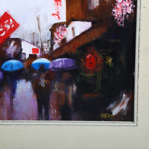 511 - Andrew Scotchmer, evening rain Kyoto, 36cm x 46cm, and Japanese street and pagoda, 45cm x 35cm, oils... 