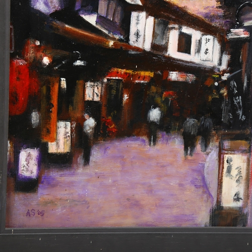 511 - Andrew Scotchmer, evening rain Kyoto, 36cm x 46cm, and Japanese street and pagoda, 45cm x 35cm, oils... 