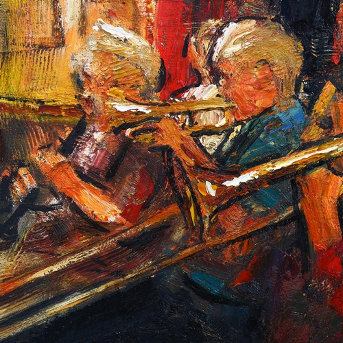 515 - Large contemporary study of a jazz band, oil on board, signed with monogram FVB? '04, framed, overal... 