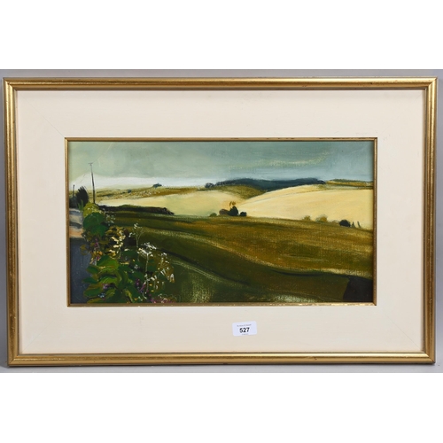 527 - Manner of George Spencer Watson, extensive landscape, oil on board, unsigned, 26cm x 49cm, framed