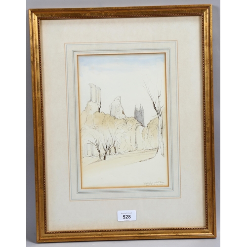 528 - Manner of Edward Lear, Glastonbury with St John's Tower, watercolour/ink on paper, unsigned with ind... 