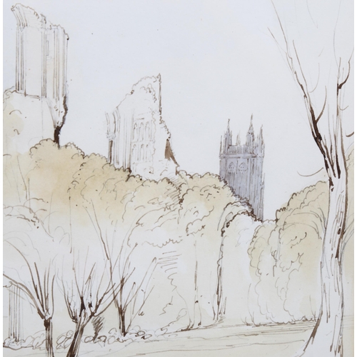 528 - Manner of Edward Lear, Glastonbury with St John's Tower, watercolour/ink on paper, unsigned with ind... 