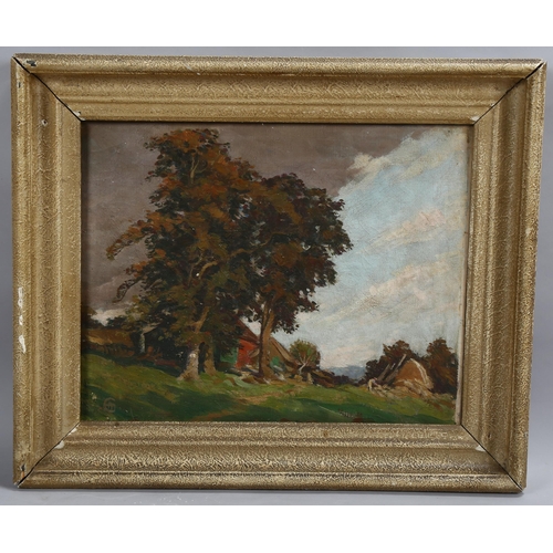 529 - 20th century farm landscape, oil on canvas, signed with monogram, 41cm x 51cm, framed