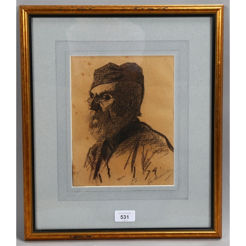 531 - Mihaly Munkacsy, portrait of a bearded man, charcoal on brown paper, signed and dated '74, 24cm x 19... 