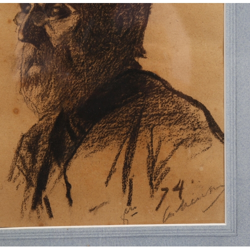 531 - Mihaly Munkacsy, portrait of a bearded man, charcoal on brown paper, signed and dated '74, 24cm x 19... 