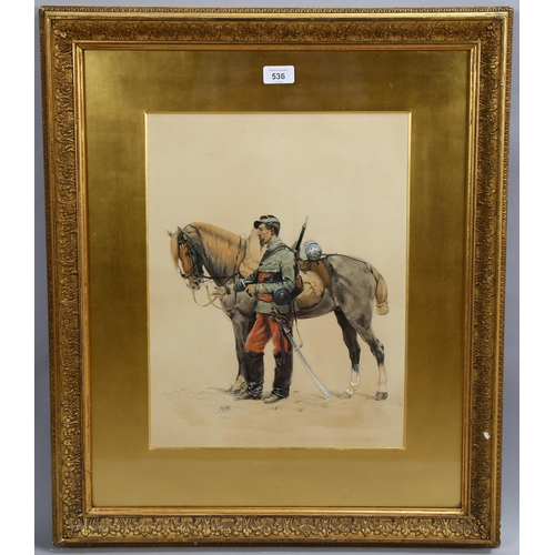 536 - 19th century watercolour portrait of a French Cavalry Officer and horse, signed with indistinct mono... 