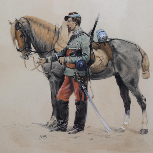 536 - 19th century watercolour portrait of a French Cavalry Officer and horse, signed with indistinct mono... 