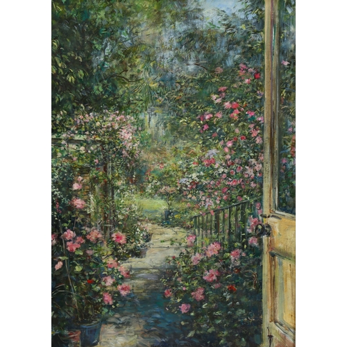 543 - Lynette Hemmant, the artist's garden, circa 1992, oil on board, 55cm x 40cm, framed