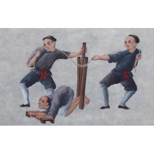 544 - 19th century Chinese School, 3 scenes of punishment and torture, watercolour on paper, 27cm x 29cm, ... 