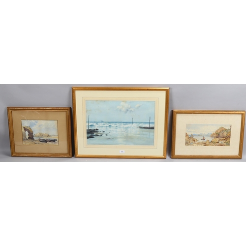 545 - 3 x 19th/20th century marine watercolours, including J A Thelwall, shore scene, 34cm x 50cm, plus 2 ... 