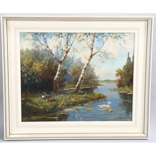 552 - Mid-20th century lake scene with ducks and ducklings, oil on canvas, indistinctly signed, 40cm x 50c... 