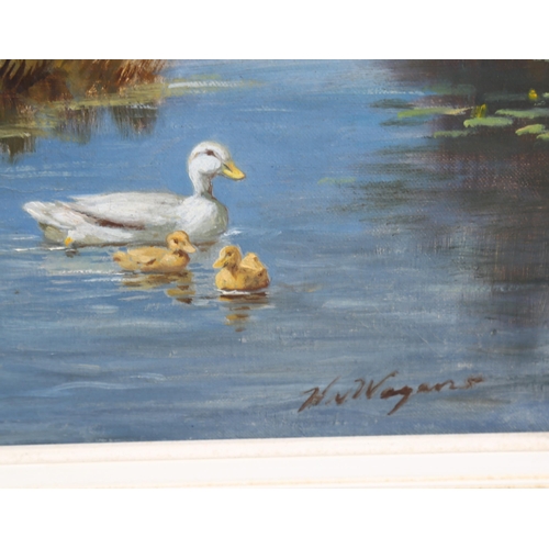 552 - Mid-20th century lake scene with ducks and ducklings, oil on canvas, indistinctly signed, 40cm x 50c... 