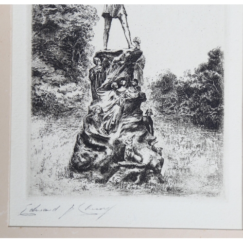 553 - Edward Cherry, the statue of Peter Pan in Kensington Gardens, etching, signed in pencil, plate 14cm ... 