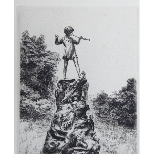 553 - Edward Cherry, the statue of Peter Pan in Kensington Gardens, etching, signed in pencil, plate 14cm ... 