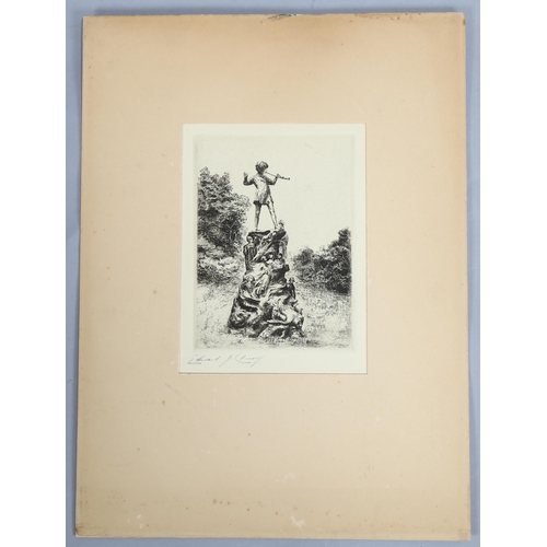 553 - Edward Cherry, the statue of Peter Pan in Kensington Gardens, etching, signed in pencil, plate 14cm ... 