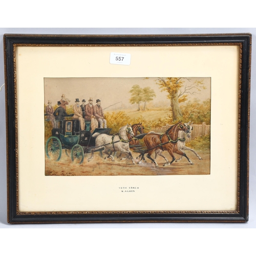 557 - H Alken, the York coach, watercolour, faintly signed, 18cm x 31cm, framed