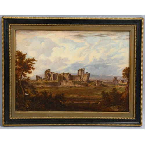 561 - 19th century English School, castle ruins, oil on board, unsigned, 26cm x 36cm, framed