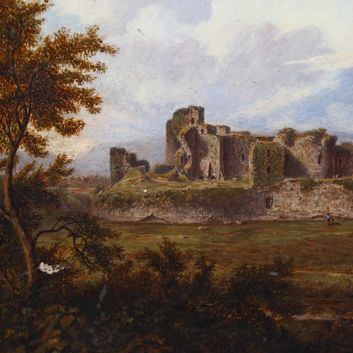 561 - 19th century English School, castle ruins, oil on board, unsigned, 26cm x 36cm, framed