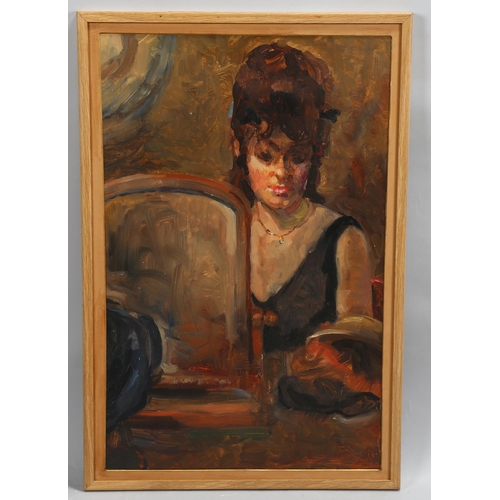 563 - E E Stephens, choosing a hat, oil on board, dated 1989, 58cm x 37cm, framed, exhibited at the Mall G... 