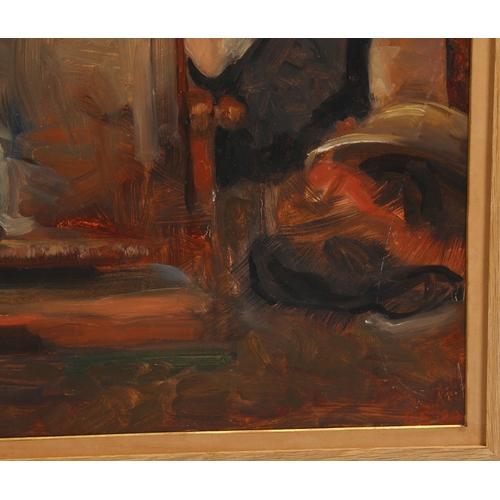 563 - E E Stephens, choosing a hat, oil on board, dated 1989, 58cm x 37cm, framed, exhibited at the Mall G... 