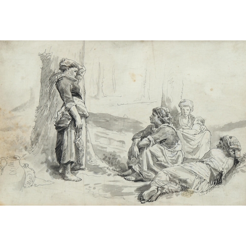 566 - Attributed to C Rowbotham, a group of Italian washer women, ink and wash sketch, unsigned, 17cm x 25... 