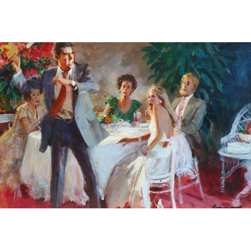 568 - Alfred Laurent, drama at dinner, acrylic on board, book illustration, signed, 27cm x 40cm, framed