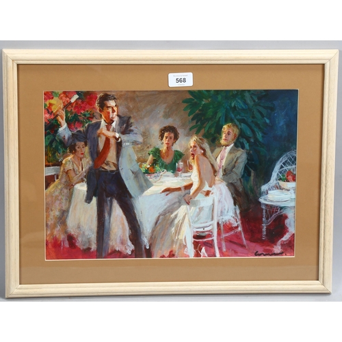 568 - Alfred Laurent, drama at dinner, acrylic on board, book illustration, signed, 27cm x 40cm, framed