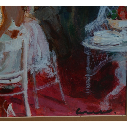 568 - Alfred Laurent, drama at dinner, acrylic on board, book illustration, signed, 27cm x 40cm, framed