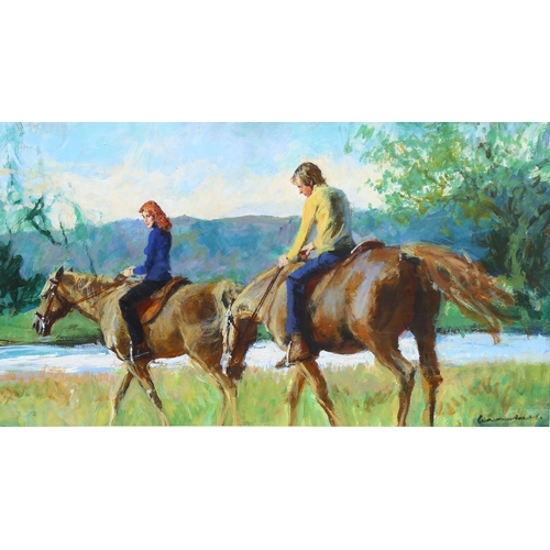 569 - Alfred Laurent, a ride by the river, acrylic on board, book illustration, signed, 31cm x 56cm, frame... 