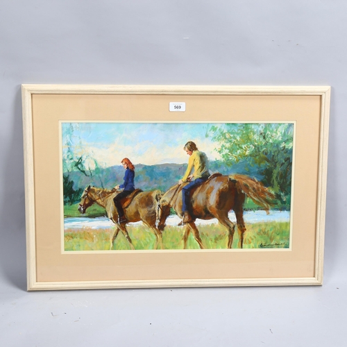 569 - Alfred Laurent, a ride by the river, acrylic on board, book illustration, signed, 31cm x 56cm, frame... 