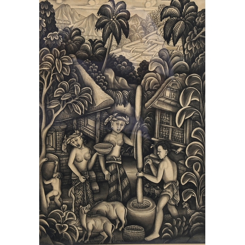 573 - Dewa Made Koendel (born 1926), Indonesian village scene, ink/watercolour on paper, signed, 31cm x 21... 