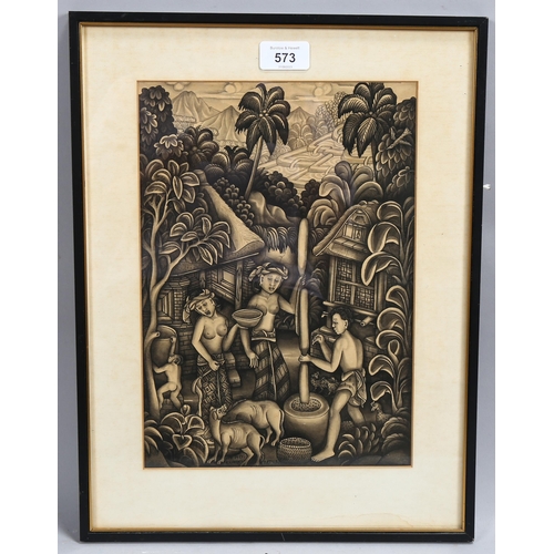 573 - Dewa Made Koendel (born 1926), Indonesian village scene, ink/watercolour on paper, signed, 31cm x 21... 